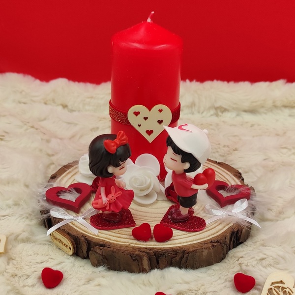 Χειροποίητο διακοσμητικό με κόκκινο κερί, ζευγαράκι, λουλούδια και καρδιές - καρδιά, κερί, βαλεντίνος, διακοσμητικά, αγ. βαλεντίνου - 5