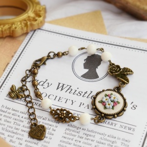Forget me not | Vintage Χειροποίητο Λευκό Βραχιόλι (Πολυμερικός Πηλός, Μπρούντζος) (Μήκος 17εκ. + 5 εκ. Αυξομείωση) - charms, πηλός, μπρούντζος, χεριού, αυξομειούμενα - 2
