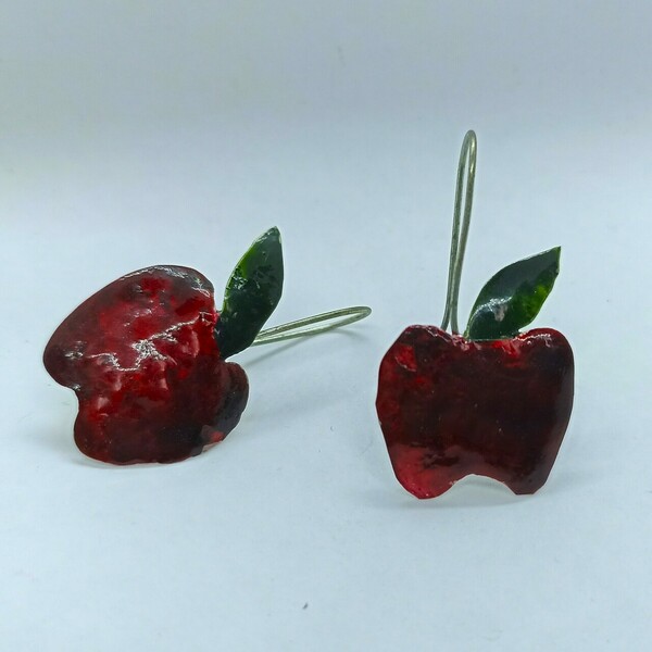 Σκουλαρίκια σφυρήλατα κόκκινα μήλα - ορείχαλκος, δώρο, μικρά, κρεμαστά - 2