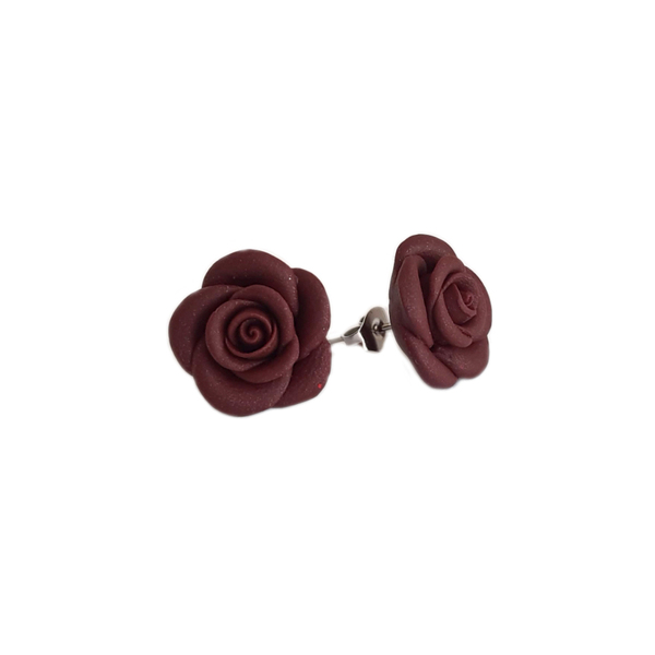 Καρφωτά σκουλαρίκια σκούρα τριαντάφυλλα - πηλός, λουλούδι, μικρά, ατσάλι - 3