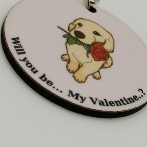 Will you be my Valentine? Μπρελόκ με σκυλάκι και Τριαντάφυλλο - ξύλο, μπρελόκ - 2