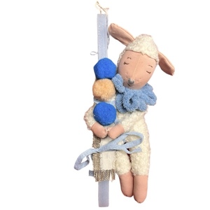 Πασχαλινή Λαμπάδα αρωματική γαλάζια με λούτρινο προβατάκι σε ξύλινη πλάτη - αγόρι, λαμπάδες, για παιδιά, πρώτο Πάσχα, για μωρά - 4