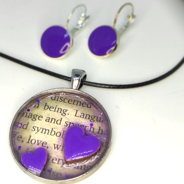 Σετ μενταγιόν & σκουλαρίκια Purple love - ορείχαλκος, καρδιά, κοντά, αγ. βαλεντίνου, φθηνά