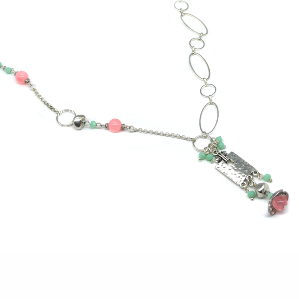 Κολιέ MINT & PINK - επάργυρα, χάντρες, μακριά, λουλούδι, ατσάλι