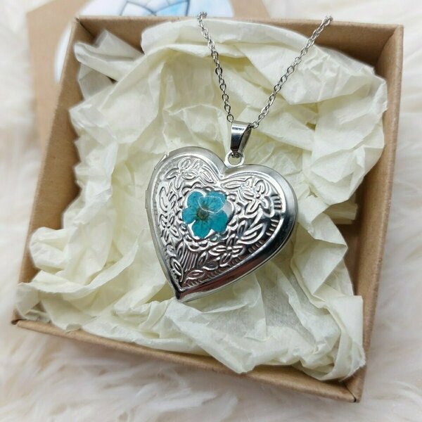 heart necklace flower (με υγρό γυαλί και φυσικό λουλούδι) Valentine - γυαλί, καρδιά, κοντά, ατσάλι - 2