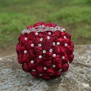 Red bouquet -Κόκκινη Ανθοδέσμη με υφασμάτινα λουλούδια 15cm - γάμος και βάπτιση - 3