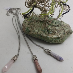 Κολιε με πετρωμα σε κοπή αιχμης και ατσάλινη αλυσιδα - ημιπολύτιμες πέτρες, charms, κοντά, ατσάλι - 2