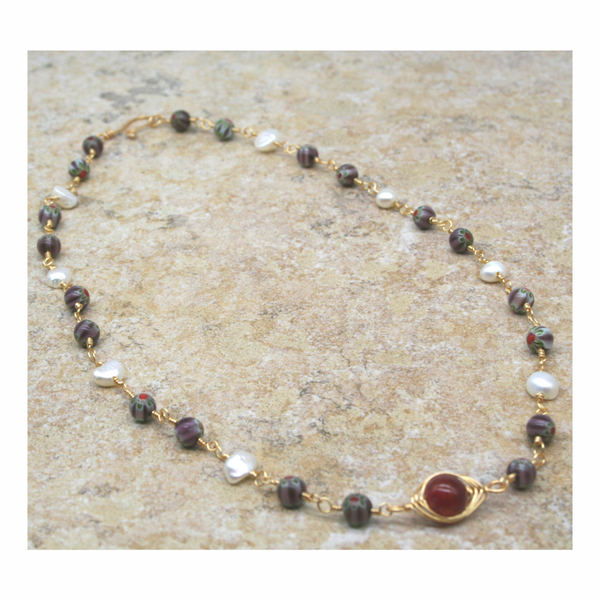Κολιέ PERLE & MURANO - ημιπολύτιμες πέτρες, μαργαριτάρι, χρυσό, χάντρες, λουλούδι - 3