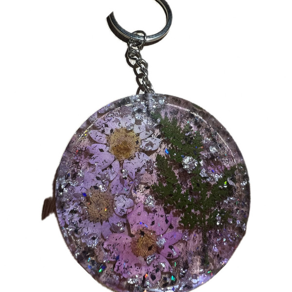 Μπρελόκ στρογγυλό με αποξηραμένα λουλούδια και glitter - ρητίνη, σπιτιού