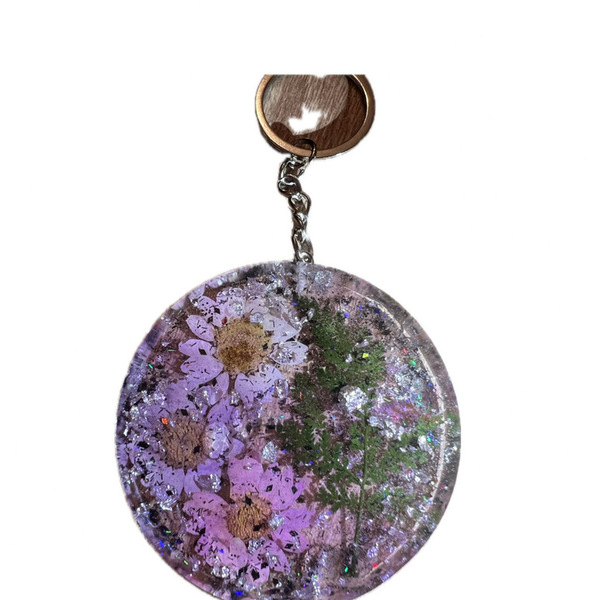Μπρελόκ στρογγυλό με αποξηραμένα λουλούδια και glitter - ρητίνη, σπιτιού - 2