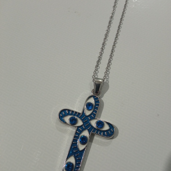 Boho ατσάλινος σταυρός με μπλε και λευκό σμάλτο! - σταυρός, κοντά, ατσάλι