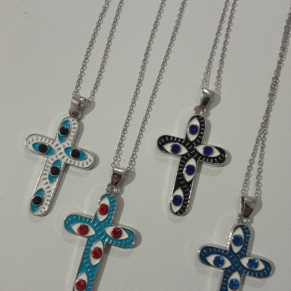 Boho ατσάλινος σταυρός με μπλε και λευκό σμάλτο! - σταυρός, κοντά, ατσάλι - 2