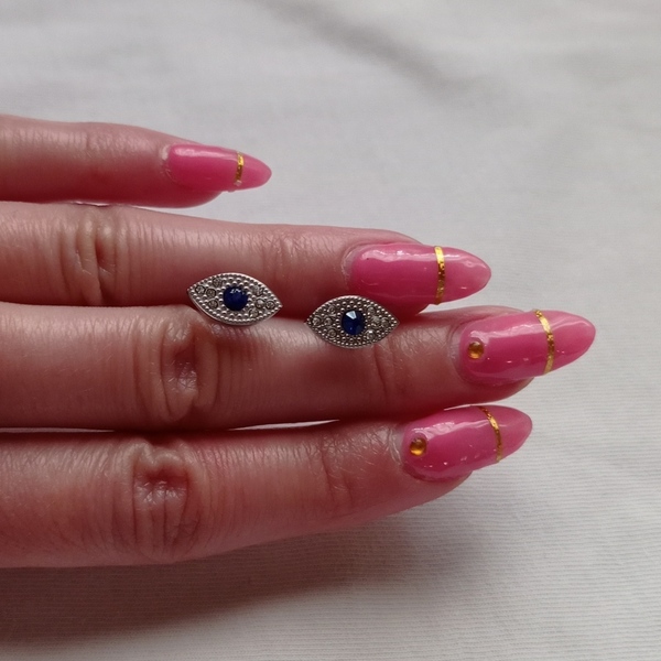 Σκουλαρίκια ατσάλι μάτι με ζιργκον μέγεθος 1 cm - ημιπολύτιμες πέτρες, μικρά, ατσάλι, evil eye - 5