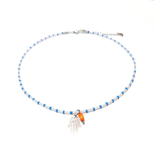 Κοντό κολιέ με χάντρες σε λευκό και μπλε - χάντρες, κοντά, ατσάλι, seed beads