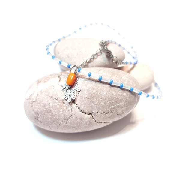 Κοντό κολιέ με χάντρες σε λευκό και μπλε - χάντρες, κοντά, ατσάλι, seed beads - 2