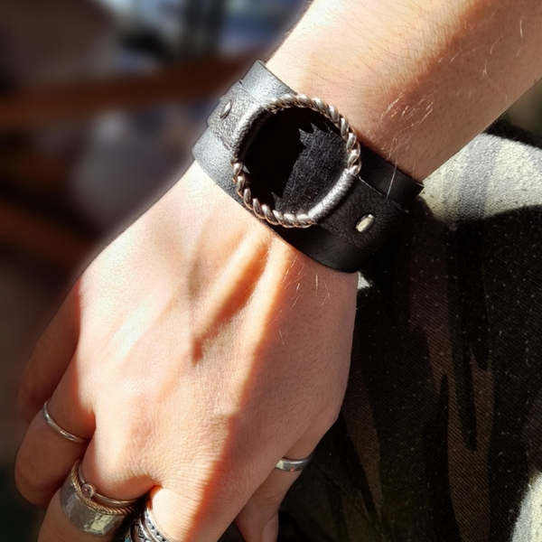 Μαύρο Δερμάτινο Βραχιόλι Unisex με ασημένιο κρίκο πλεξούδα - δέρμα, ασήμι 925, χεριού, αυξομειούμενα, φαρδιά - 3