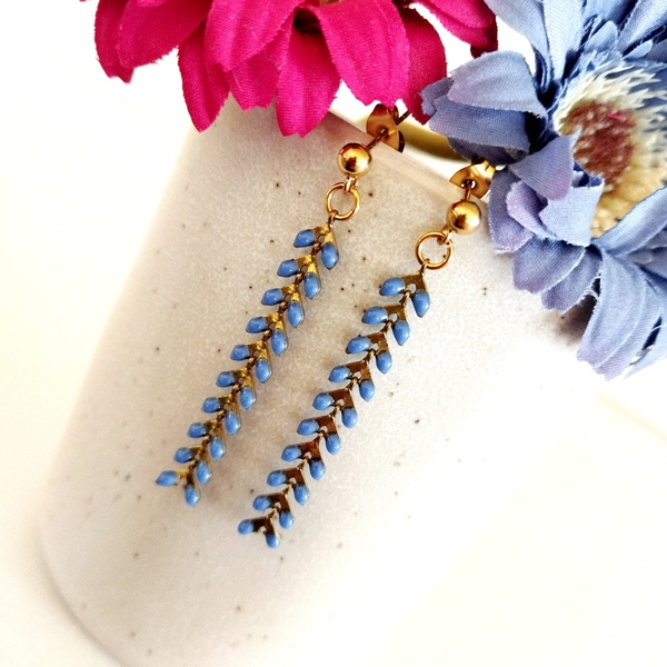 Σκουλαρίκια με αλυσίδα ψαροκόκαλο σε blue marine χρώμα - ορείχαλκος, μακριά, μικρά - 2