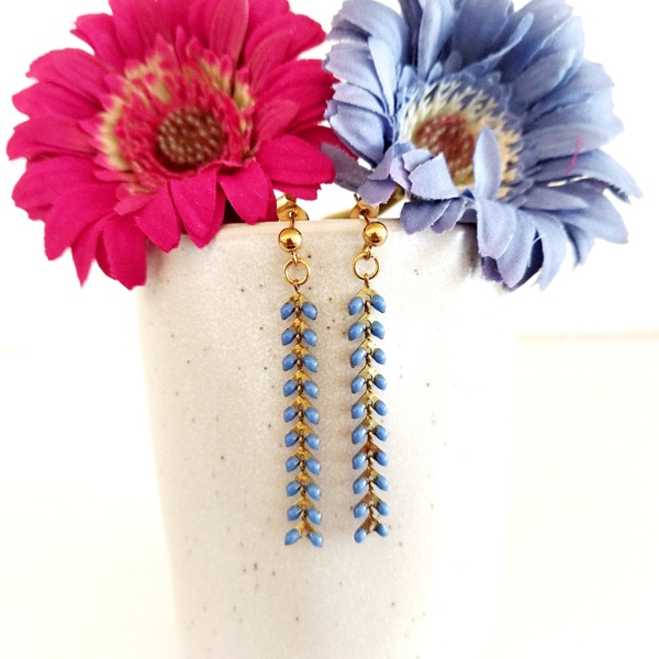 Σκουλαρίκια με αλυσίδα ψαροκόκαλο σε blue marine χρώμα - ορείχαλκος, μακριά, μικρά - 3