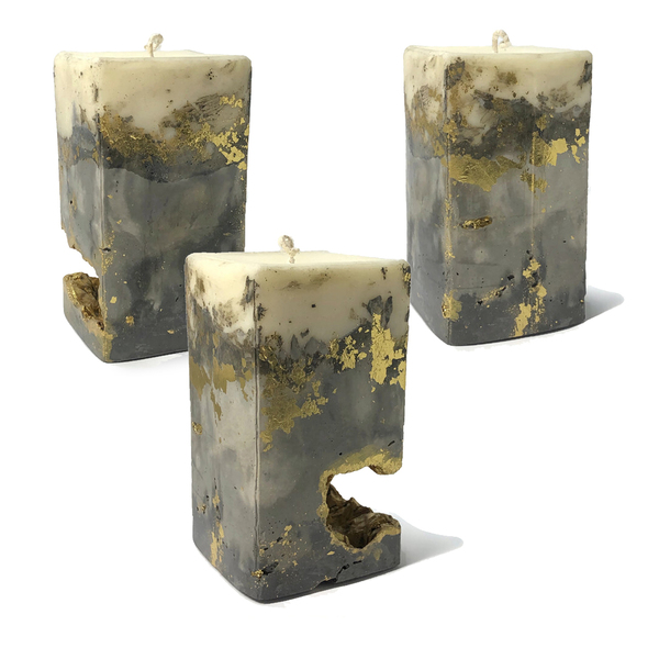 Χειροποίητο Ρουστίκ Αρωματικό Κερί με Βάση από Σκυρόδεμα και Χρυσές Λεπτομέρειες 7x7x13cm - χειροποίητα, αρωματικά κεριά - 3