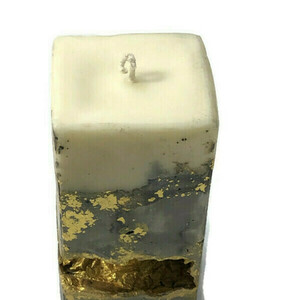 Χειροποίητο Ρουστίκ Αρωματικό Κερί με Βάση από Σκυρόδεμα και Χρυσές Λεπτομέρειες 7x7x13cm - χειροποίητα, αρωματικά κεριά - 4