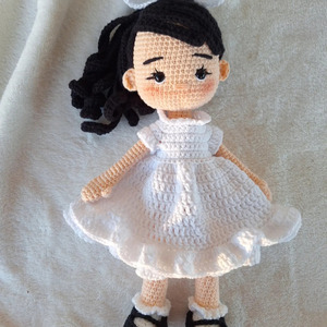Χειροποίητη πλεκτή κούκλα με λευκό φόρεμα (30cm) - κορίτσι, λούτρινα, κουκλίτσα, κούκλες - 4