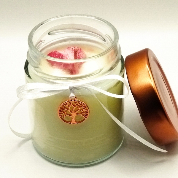 Χειροποίητο αρωματικό κερί σόγιας λευκό, με άρωμα βανίλια και καρδούλα κόκκινη σε βαζάκι 156ml με καπάκι 8εκ Χ6εκ με δέντρο ζωής - γάμου