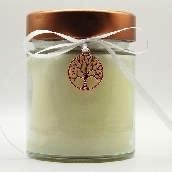 Χειροποίητο αρωματικό κερί σόγιας λευκό, με άρωμα βανίλια και καρδούλα κόκκινη σε βαζάκι 156ml με καπάκι 8εκ Χ6εκ με δέντρο ζωής - γάμου - 2