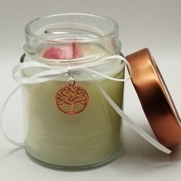 Χειροποίητο αρωματικό κερί σόγιας λευκό, με άρωμα βανίλια και καρδούλα κόκκινη σε βαζάκι 156ml με καπάκι 8εκ Χ6εκ με δέντρο ζωής - γάμου - 3