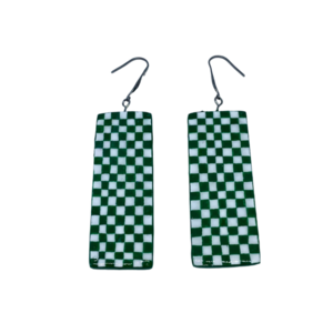 “Green & White Squares” Earrings - Χειροποίητα σκουλαρίκια από πηλό ζωγραφισμένα στο χέρι (5 εκ. μήκος, ανοξείδωτο υποαλλεργικό ατσάλι, πηλός, ορθογώνια) - πηλός, μεγάλα, γάντζος