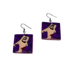 “Purple-Haired Girl” Earrings - Χειροποίητα σκουλαρίκια από πηλό ζωγραφισμένα στο χέρι (3 εκ. μήκος, ανοξείδωτο υποαλλεργικό ατσάλι, πηλός, τετράγωνα) - πηλός, μεγάλα, γάντζος - 2