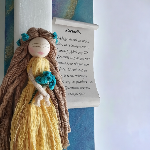 Μαριάνθη- Κούκλα Χειροποίητη Πασχαλινή Αρωματική λαμπάδα 26 εκ. σε ξύλινη ζωγραφισμένη πλάτη - κορίτσι, λουλούδια, για παιδιά, για εφήβους, πριγκίπισσες - 3