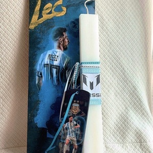 Χειροποίητη Πασχαλινή λαμπάδα με ζωγραφισμένη ξύλινη πλάτη και σελιδοδείκτη Leo Messi - λαμπάδες, σετ, για εφήβους, σπορ και ομάδες, προσωποποιημένα