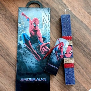 Χειροποίητη Πασχαλινή λαμπάδα με ζωγραφισμένη ξύλινη πλάτη και σελιδοδείκτη Spiderman - λαμπάδες, σετ, για εφήβους, σούπερ ήρωες, προσωποποιημένα - 2