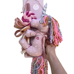 Λαμπάδα παιδική παλαιό-ροζ 34cm με μονόκερο πάνινο κουκλάκι 33 cm σε αποχρώσεις ροζ παστελ - κορίτσι, λαμπάδες, μονόκερος, παιχνιδολαμπάδες - 3
