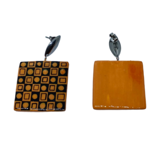 “Black & Orange” Earrings - Χειροποίητα σκουλαρίκια από πηλό ζωγραφισμένα στο χέρι (3 εκ. μήκος, ανοξείδωτο υποαλλεργικό ατσάλι, πηλός, τετράγωνα) - πηλός, μεγάλα - 4