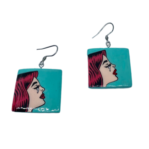 “Crying Girl” Earrings - Χειροποίητα σκουλαρίκια από πηλό ζωγραφισμένα στο χέρι (2 εκ. μήκος, ανοξείδωτο υποαλλεργικό ατσάλι, πηλός, τετράγωνα) - πηλός, μεγάλα, γάντζος - 2