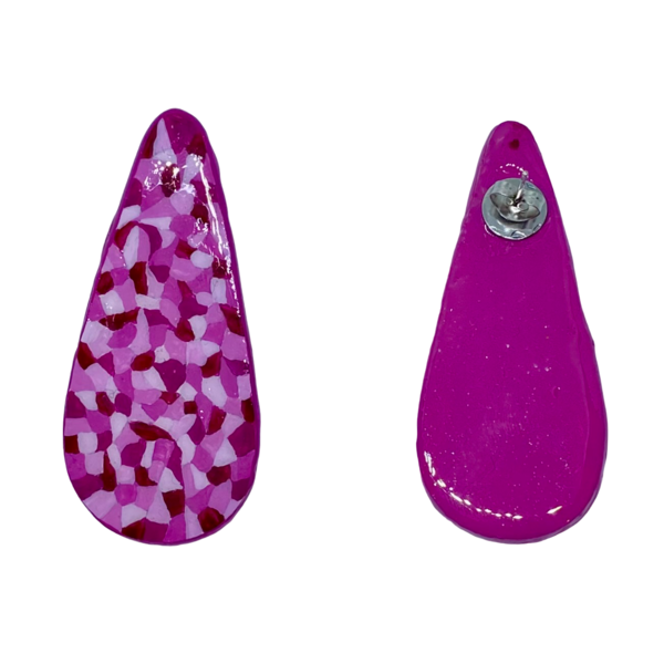 “Pink Ovals” Earrings - Χειροποίητα σκουλαρίκια απο πηλό ζωγραφισμένα στο χέρι (5 εκ. μήκος, ανοξείδωτο υποαλλεργικό ατσάλι, πηλός, οβάλ) - πηλός, μεγάλα - 3