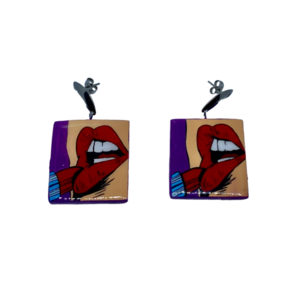“Pop Art Lips” Earrings - Χειροποίητα σκουλαρίκια από πηλό ζωγραφισμένα στο χέρι (3 εκ. μήκος, ανοξείδωτο υποαλλεργικό ατσάλι, πηλός, τετράγωνα) - πηλός, μακριά, μεγάλα