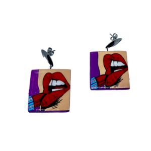“Pop Art Lips” Earrings - Χειροποίητα σκουλαρίκια από πηλό ζωγραφισμένα στο χέρι (3 εκ. μήκος, ανοξείδωτο υποαλλεργικό ατσάλι, πηλός, τετράγωνα) - πηλός, μακριά, μεγάλα - 2