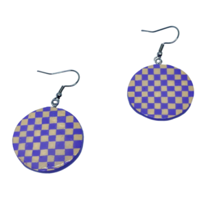 “Purple & Beige Bricks” Earrings - Χειροποίητα σκουλαρίκια από πηλό ζωγραφισμένα στο χέρι (3 εκ. διάμετρος, ανοξείδωτο υποαλλεργικό ατσάλι, πηλός, στρογγυλά) - πηλός, μικρά, γάντζος