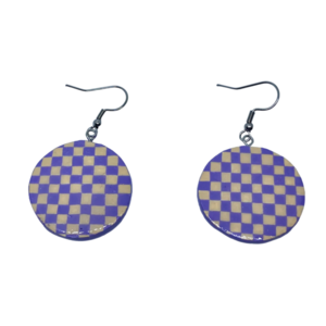 “Purple & Beige Bricks” Earrings - Χειροποίητα σκουλαρίκια από πηλό ζωγραφισμένα στο χέρι (3 εκ. διάμετρος, ανοξείδωτο υποαλλεργικό ατσάλι, πηλός, στρογγυλά) - πηλός, μικρά, γάντζος - 2