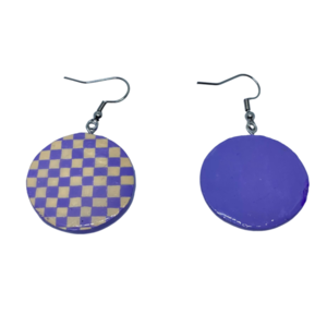 “Purple & Beige Bricks” Earrings - Χειροποίητα σκουλαρίκια από πηλό ζωγραφισμένα στο χέρι (3 εκ. διάμετρος, ανοξείδωτο υποαλλεργικό ατσάλι, πηλός, στρογγυλά) - πηλός, μικρά, γάντζος - 3