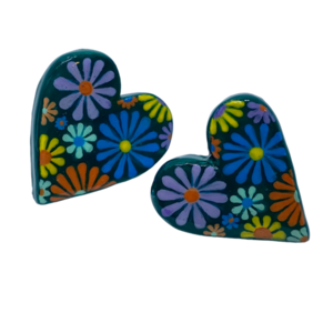 “Colorful Flower Hearts” Earrings - Χειροποίητα σκουλαρίκια από πηλό ζωγραφισμένα στο χέρι (3 εκ. μήκος, ανοξείδωτο υποαλλεργικό ατσάλι, πηλός, καρδιές) - πηλός, μικρά - 3