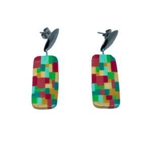 “Rainbow Tiles” Earrings - Χειροποίητα σκουλαρίκια από πηλό ζωγραφισμένα στο χέρι (3 εκ. μήκος, ανοξείδωτο υποαλλεργικό ατσάλι, πηλός, ορθογώνια) - πηλός, μακριά, μεγάλα