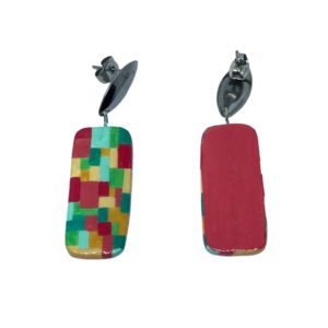 “Rainbow Tiles” Earrings - Χειροποίητα σκουλαρίκια από πηλό ζωγραφισμένα στο χέρι (3 εκ. μήκος, ανοξείδωτο υποαλλεργικό ατσάλι, πηλός, ορθογώνια) - πηλός, μακριά, μεγάλα - 4