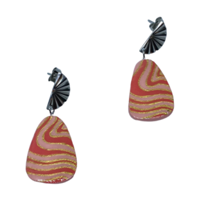 “Pink, Salmon Orange & Gold” Earrings - Χειροποίητα σκουλαρίκια από πηλό ζωγραφισμένα στο χέρι (1 εκ. διάμετρος, ανοξείδωτο υποαλλεργικό ατσάλι, πηλός, οβάλ) - πηλός, μεγάλα - 2