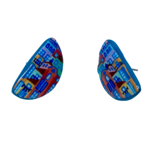 “Colorful Buildings” Earrings - Χειροποίητα σκουλαρίκια από πηλό ζωγραφισμένα στο χέρι (2,5 εκ. μήκος, ανοξείδωτο υποαλλεργικό ατσάλι, πηλός, ημικύκλια) - πηλός, μικρά
