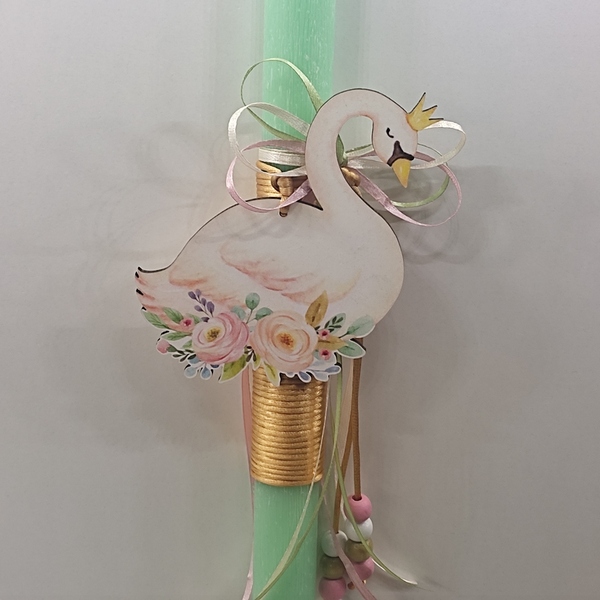 Λαμπάδα 30εκΧ10εκ αρωματική ξυστή πράσινη με ξύλινο κύκνο με λουλούδια - κορίτσι, λαμπάδες, flamingos, για παιδιά, για εφήβους - 4