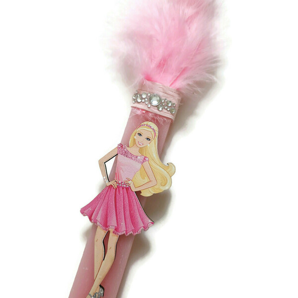 Χειροποίητη αρωματική ροζ λαμπάδα με ξύλινη φιγούρα την Barbie , 30 εκατοστά - κορίτσι, λαμπάδες, για παιδιά, για εφήβους, για μωρά