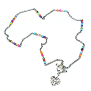 Κολιέ ΑΤΣΑΛΙ & BEADS - καρδιά, επάργυρα, χάντρες, ατσάλι, seed beads